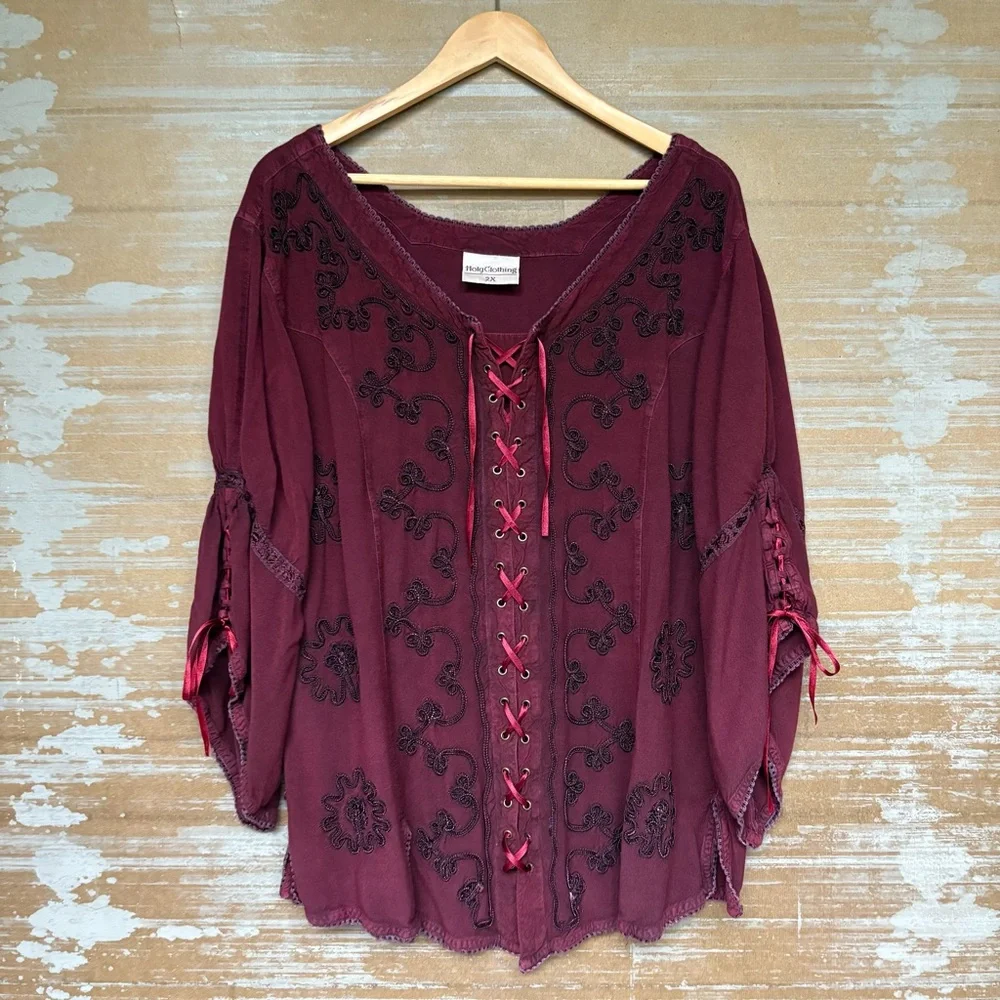 Holy Clothing Embroidered Blouse Renaissance Festival Whimsy Goth Womens 2X - Picture 1 of 8